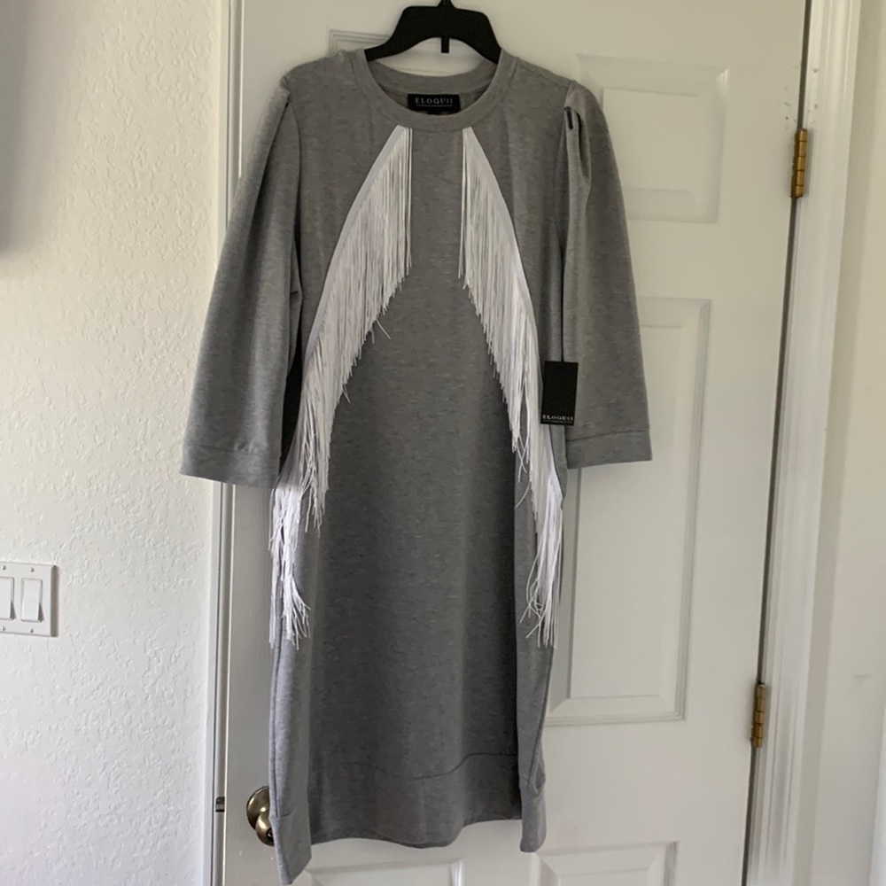 Eloquii Long Sleeve Gray Dress with White Fringe